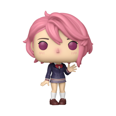 Figura Funko Pop personagem feminina com cabelo cor-de-rosa e uniforme escolar azul escuro