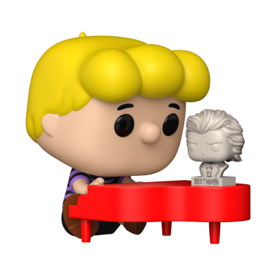 Boneco Funko Pop com cabelo amarelo ao lado de miniatura de Beethoven e piano vermelho