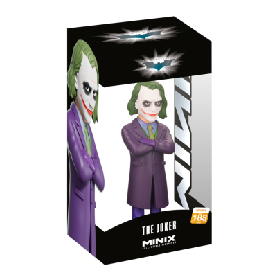 Embalagem preta com figura colecionável do The Joker com casaco roxo e maquiagem característica.