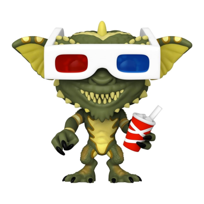 Figura de gremlin com óculos 3D segurando copo vermelho