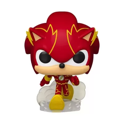 Figura colecionável Funko Pop The Flash vermelha e amarela em pose de corrida.