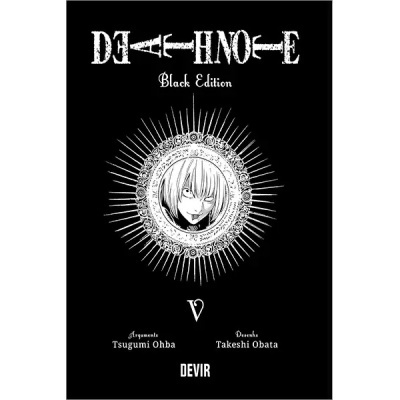 Capa do livro Death Note Black Edition V com rosto de personagem central em preto e branco.