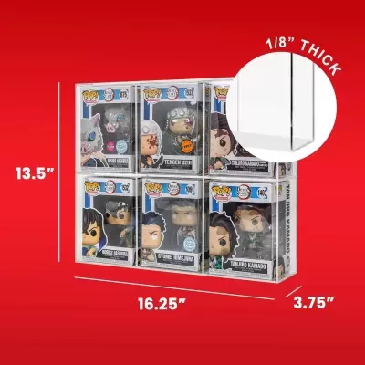 Suporte acrílico transparente para six Funko Pops com dimensões e espessura indicadas