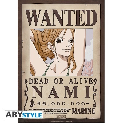 Póster estilo desenho animado 'WANTED' de personagem feminina com texto 'DEAD OR ALIVE NAMI 66.000.000- MARINE'