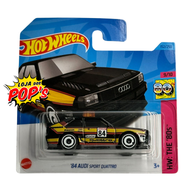 Miniatura de carro Audi Sport Quattro Hot Wheels preto com amarelo em embalagem azul