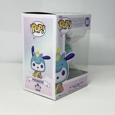 Figura Pop! Pochacco Hello Kitty and Friends na embalagem branca com detalhes lilases.