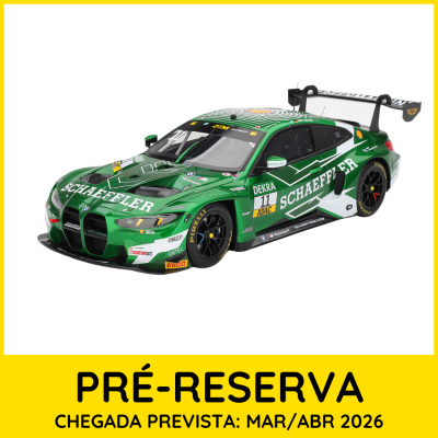 Miniatura de carro de corrida verde com logos e texto de pré-reserva