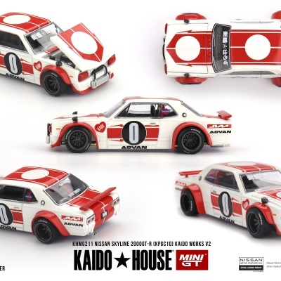 Miniatura de carro Nissan Skyline branco e vermelho com número 0 exibido de vários ângulos
