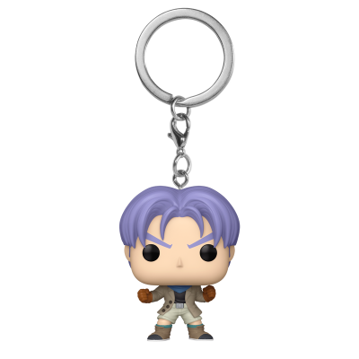 Chaveiro Funko Pop de personagem com cabelo roxo e roupa bege e azul