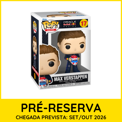 Figura Funko Pop Max Verstappen com fato azul e capacete vermelho e branco em embalagem