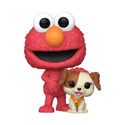 Bonecos Pop Funko de Elmo vermelho com nariz laranja e cão pequeno castanho e branco