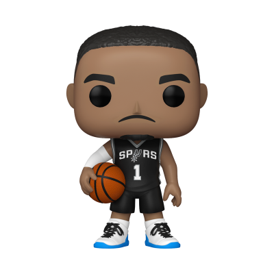 Boneco estilizado tipo Funko Pop vestido com camisola dos Spurs e segurando bola de basquetebol