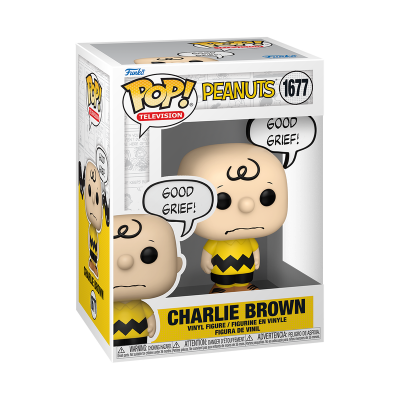 Figura vinil Charlie Brown Peanuts POP! Television com balão 'GOOD GRIEF!' na embalagem