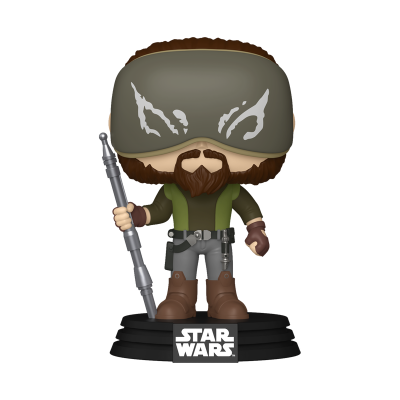 Funko Pop Star Wars com máscara cinzenta e desenhos brancos, roupa verde e cinza, botas castanhas, base preta com logo STAR WARS