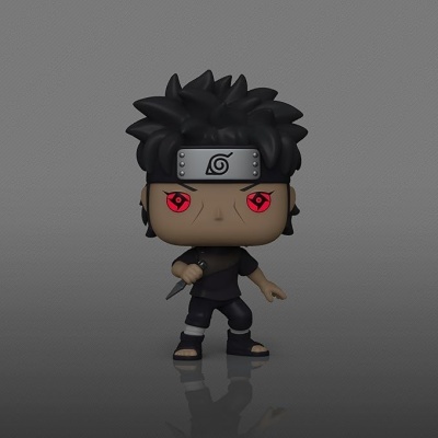 Figura Funko Pop de personagem de anime com cabelo preto, faixinha com símbolo, olhos vermelhos e roupa preta