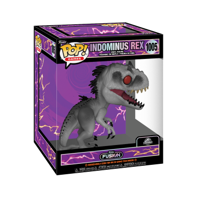 Figura Indominus Rex Pop! Games cinzenta em caixa roxa com texto e número