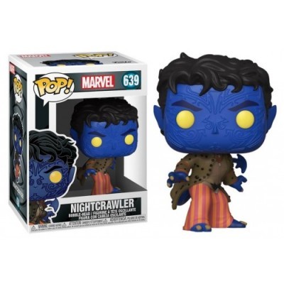 Figura Pop! Marvel Nightcrawler nº 639 azul, cabelos negros, roupa multicolorida embalada