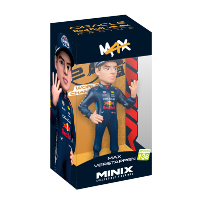Figura colecionável estilizada de Max Verstappen em fato de corrida da Red Bull dentro de embalagem colorida