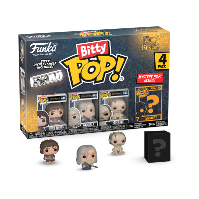 Caixa Funko Pop! Bitty com quatro mini figuras de O Senhor dos Anéis e uma embalagem preta com ponto de interrogação.