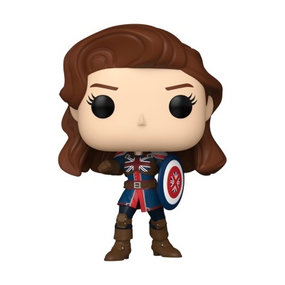 Figura colecionável Funko Pop personagem feminina com traje azul e vermelho e escudo redondo