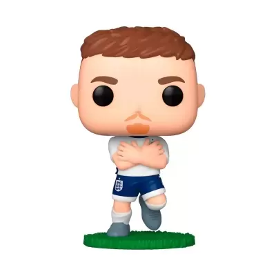 Figura Funko Pop jogador de futebol com equipamento da seleção inglesa sobre base verde.
