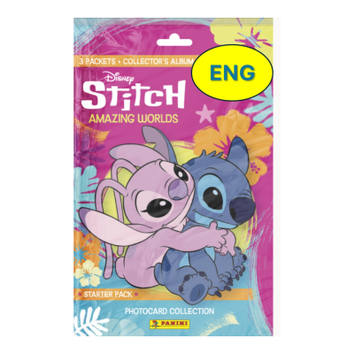 Pacote de photocard Disney Stitch Amazing Worlds com personagens Stitch e Angel abraçados.
