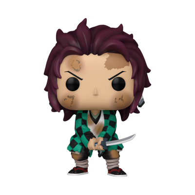 Figura Funko Pop personagem cabelo roxo casaco quadriculado verde e preto kimono branco com espada