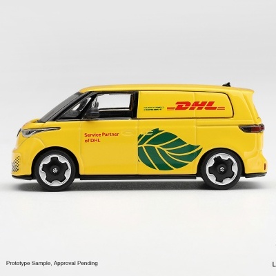Miniatura de carrinha elétrica DHL amarela com logótipo e texto na lateral