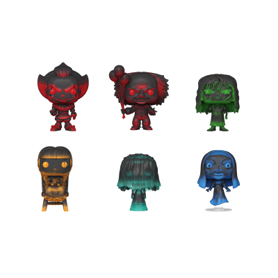 Seis figuras Funko Pop de personagens de terror coloridos