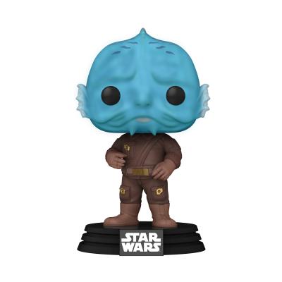 Figura Funko Pop! de personagem azul de Star Wars em traje castanho com base preta