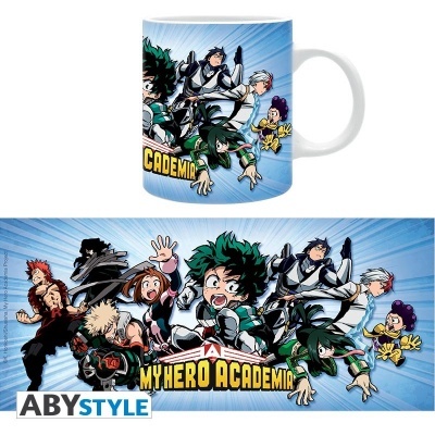 Caneca com personagens do anime My Hero Academia em fundo azul