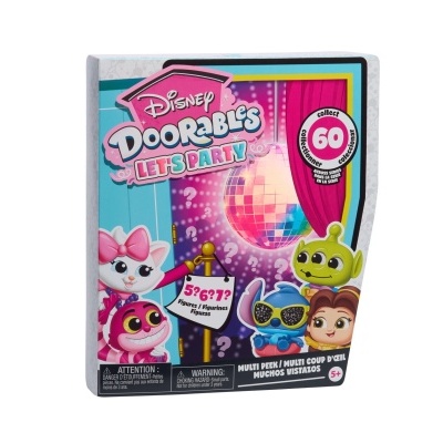 Caixa do brinquedo Disney Doorables Let's Party com personagens coloridos e disco de espelhos