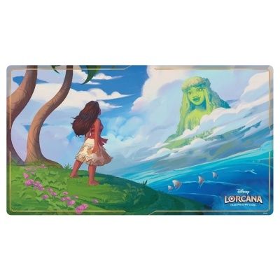 Tapete de jogo colorido com personagem a olhar para figura verde nas nuvens e logo Disney Lorcana no canto.