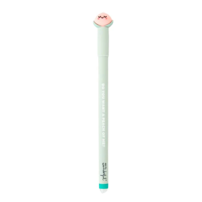 Caneta esferográfica verde claro com topo em forma de pêssego sorridente