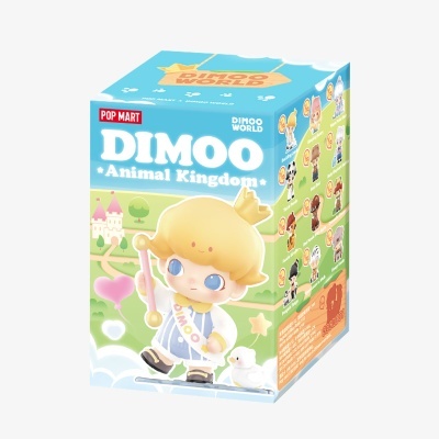 Caixa colorida do brinquedo DIMOO Animal Kingdom com imagem do boneco loiro e lista de personagens