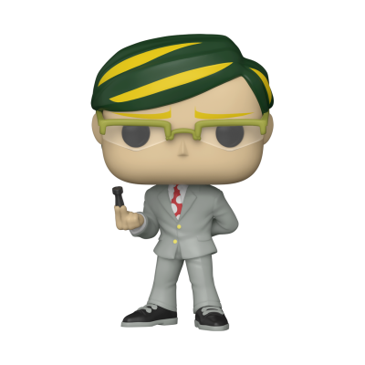 Boneco Funko Pop com fato cinzento, cabelo verde com riscas amarelas e cachimbo