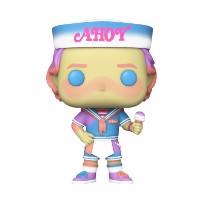 Figura Funko Pop com uniforme azul, rosa e branco, boné 'AHOY' e gelado na mão