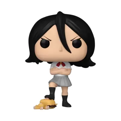 Figura colecionável estilo Funko Pop feminina com uniforme escolar e personagem pequena aos pés
