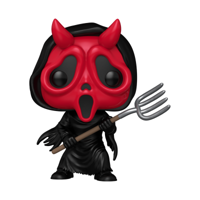Figura colecionável com máscara vermelha de diabo, túnica preta e forcado prateado.