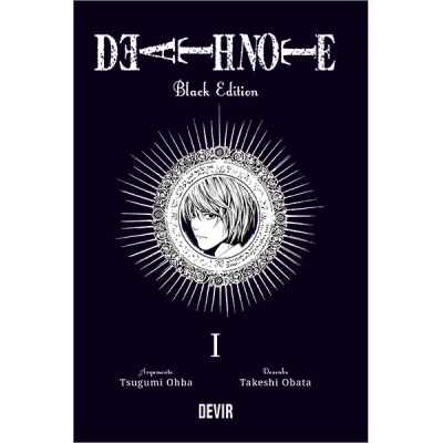 Capa do livro Death Note Black Edition I com retrato de personagem e texto branco