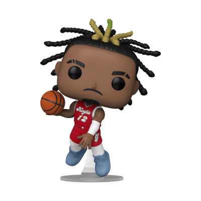 Figura colecionável de jogador de basquetebol com uniforme vermelho e bola de basquete