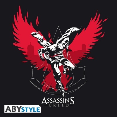 Personagem de Assassin's Creed com asas vermelhas em fundo preto e logo ABYSTYLE
