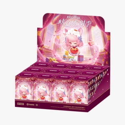 Expositor de figuras colecionáveis HONOR OF KINGS com personagem rosa em caixas roxas.