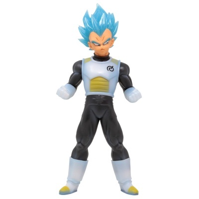Figura de ação com cabelo azul e roupa preta e branca