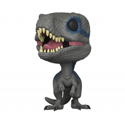 Figura colecionável Funko Pop de dinossauro cinzento com detalhes azuis e olhos negros grandes