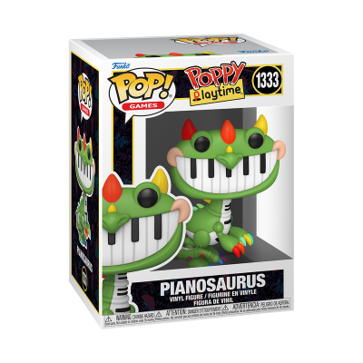 Figura Funko Pop Pianosaurus verde com detalhes coloridos na caixa com janelas transparentes.
