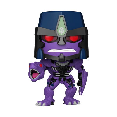 Boneco Funko Pop robô roxo com capacete azul e cabeça de serpente na mão