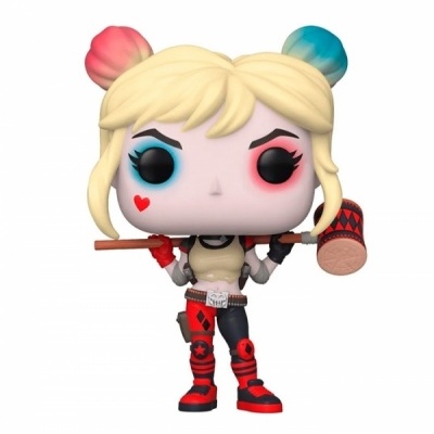 Figura Funko Pop Harley Quinn com martelo, cabelo colorido e roupa preta e vermelha