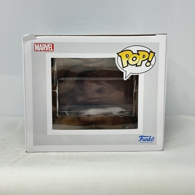 Embalagem branca para figura Funko Pop! com janela de plástico e logos MARVEL, POP! e Funko