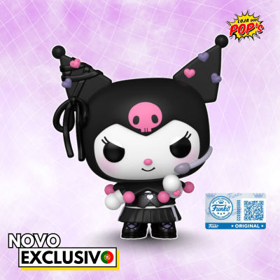 Funko Pop Kuromi preta e rosa com saia preta em fundo lilás texto Loja dos Pops Novo Exclusivo e selo Funko Special Edition